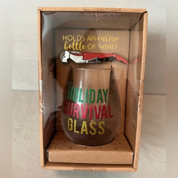“Holiday Survival” Oversized Stemless Wine Glass and Corkscrew 30oz - Picture 1 of 2
